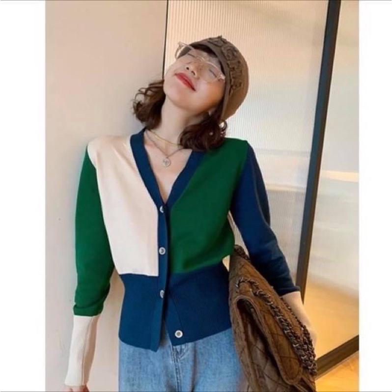 Áo cardigan len tay dài kiểu nữ hai màu viền mùa đông - Order taobao quảng châu