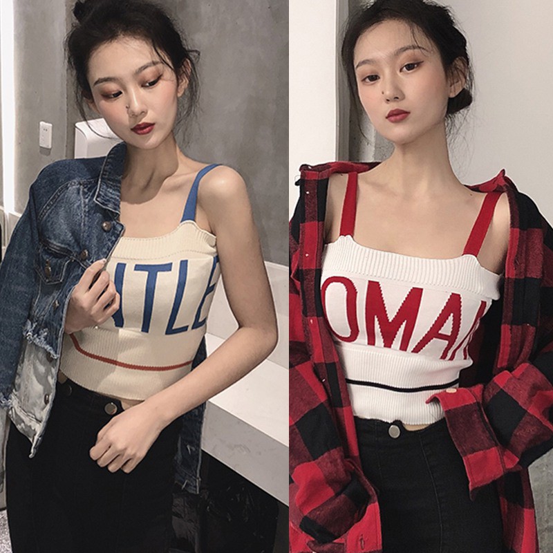 Áo dệt kim sát nách hoạ tiết chữ thiết kế gợi cảm cho nữ