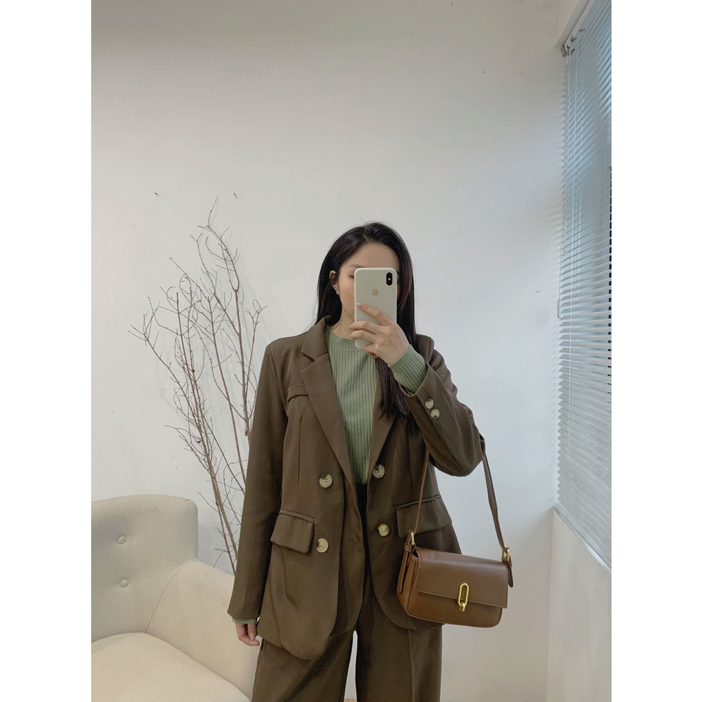 Blazer 2 vạt AK-8825, áo vest nữ màu nâu khoác ngoài form cứng vai
