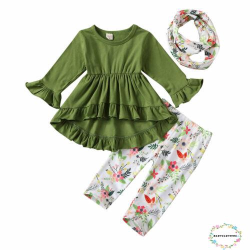 Bộ 3 món đầm nhún bèo + quần phối hoa + khăn choàng cổ phong cách thời trang cho bé gái