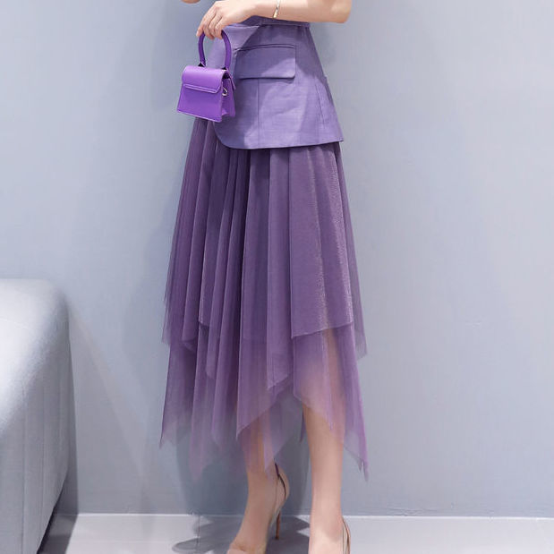 Mới Chân Váy Maxi Chữ A Lưng Cao Co Giãn Phối Lưới Màu Tím Phong Cách Hàn Quốc Cho Nữ