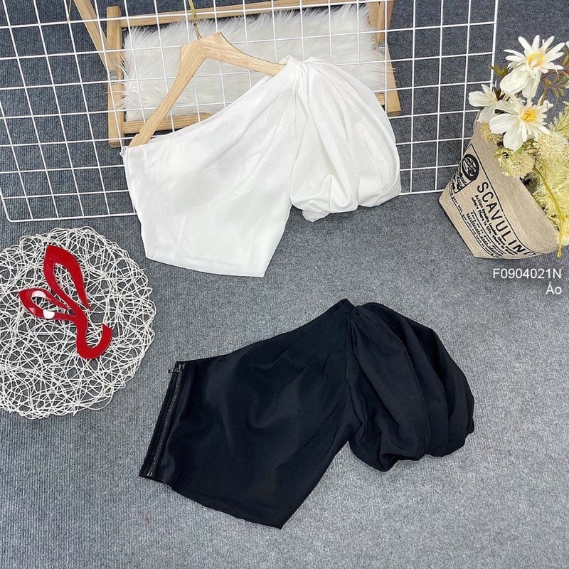 Áo croptop kiểu lệch vai một tay phồng a0904