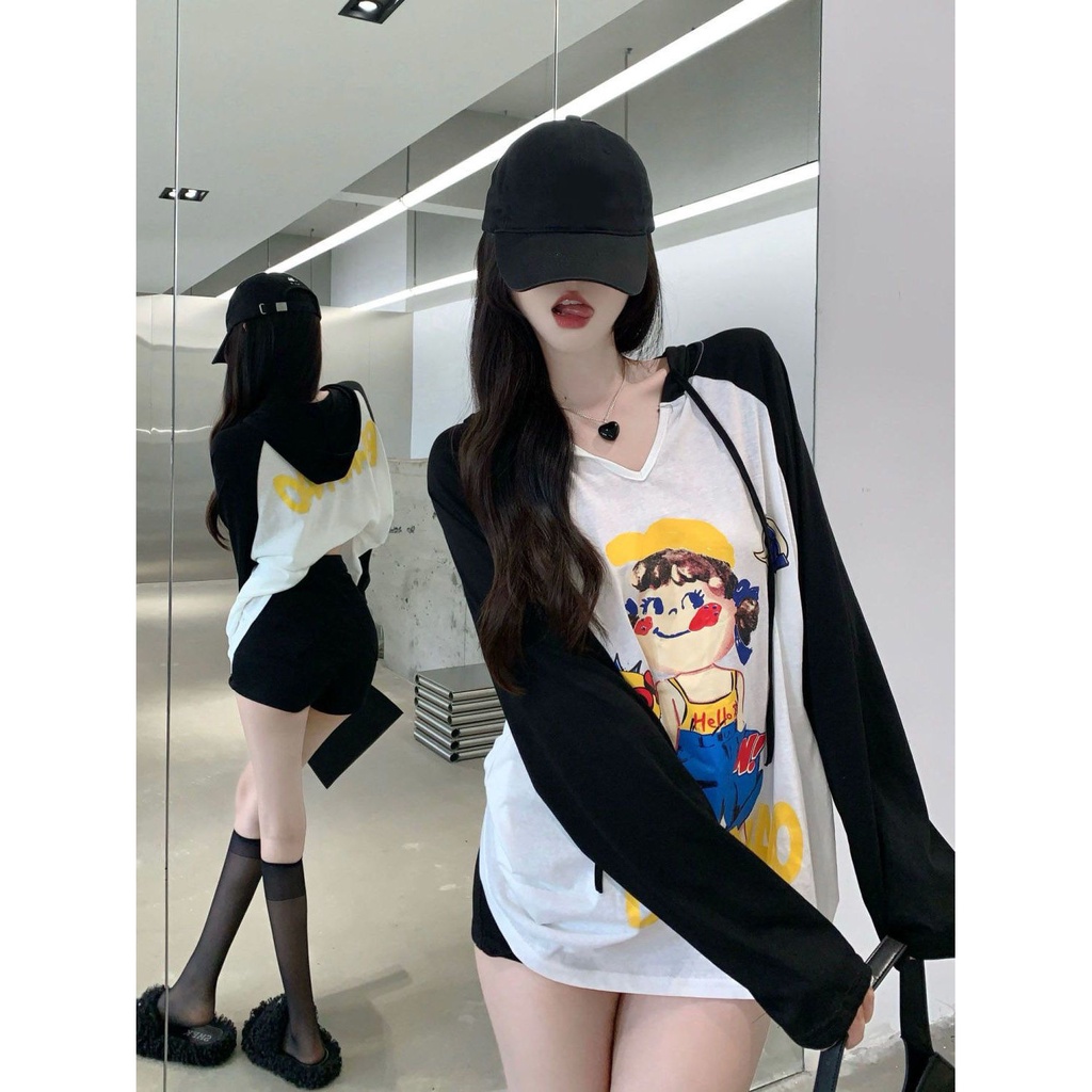 Áo Hoodie Tay Dài Dáng Rộng In Họa Tiết Hoạt Hình Phong Cách Retro Mỹ Dành Cho Nữ