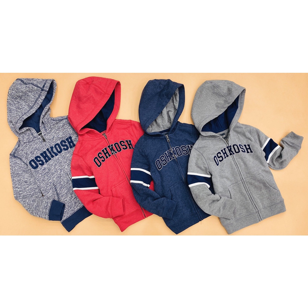 Áo khoác khóa kéo thêu đắp chữ logo Oshkosh , size 3M - 14T. Việt Nam
