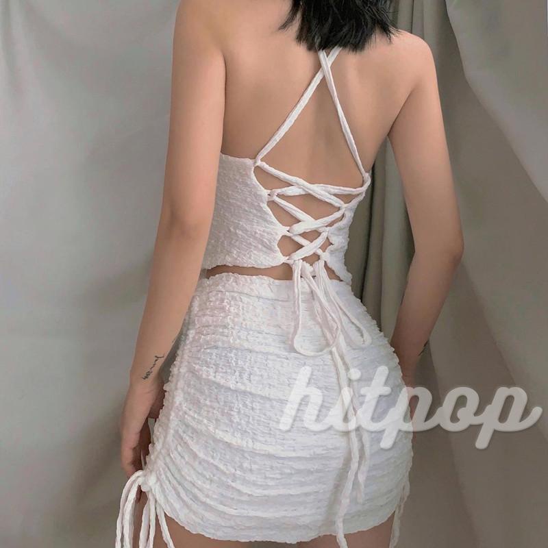 Set áo hai dây màu trơn + chân váy dây rút màu trắng/đen thời trang quyến rũ cho nữ