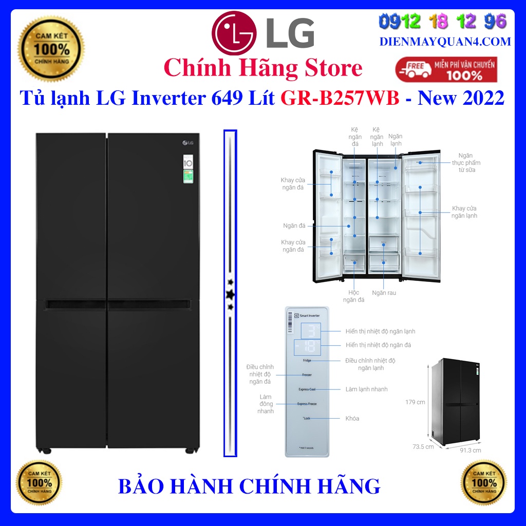 [Mã ELHAMS5 giảm 6% đơn 300K] [LG B257WB] Tủ lạnh LG Inverter 649 Lít GR-B257WB Mới 2022