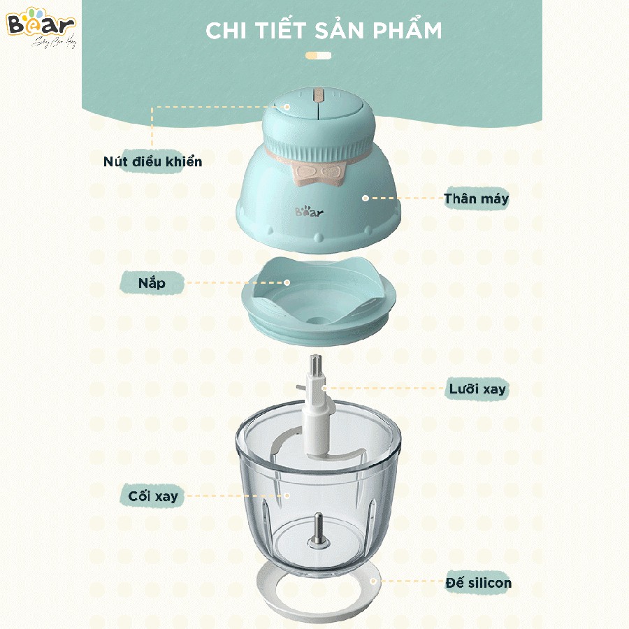 Máy xay ăn dặm cho bé mini đa năng 0.6L Bear QSJ-D02Q1, 6 lưỡi, CS 200W, xay thịt cá rau củ quả thực phẩm, BH 18 tháng