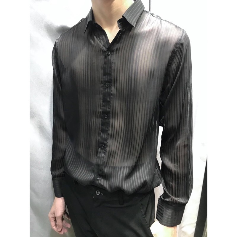 Sơ mi chiffon sọc ,mỏng xuyên thấu