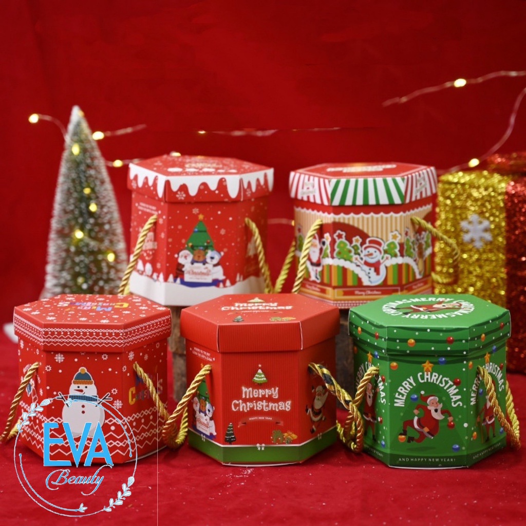 Set 10 Hộp Đựng Quà Noel In Hoạ Tiết Giáng Sinh Dáng Lục Giác Có Dây Xách Nhiều Mẫu M3526