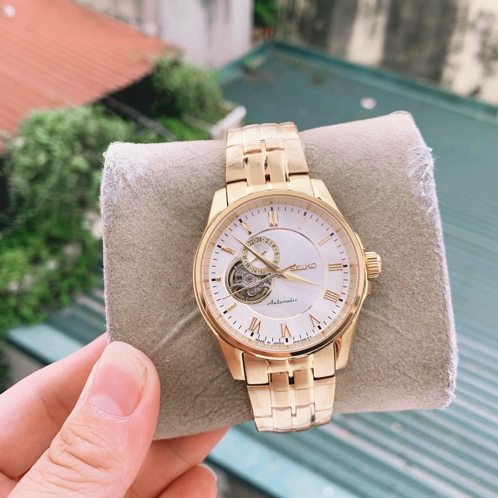 Đồng hồ Nam seiko hở mặt chạy cơ automatic nhiều màu máy Nhật size 40mm dây kim loại màu vàng