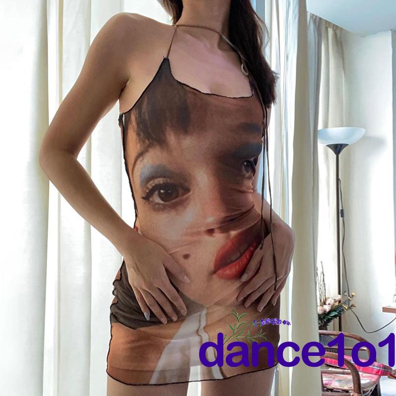 Váy hai dây in họa tiết chân dung xinh xắn dành cho nữ