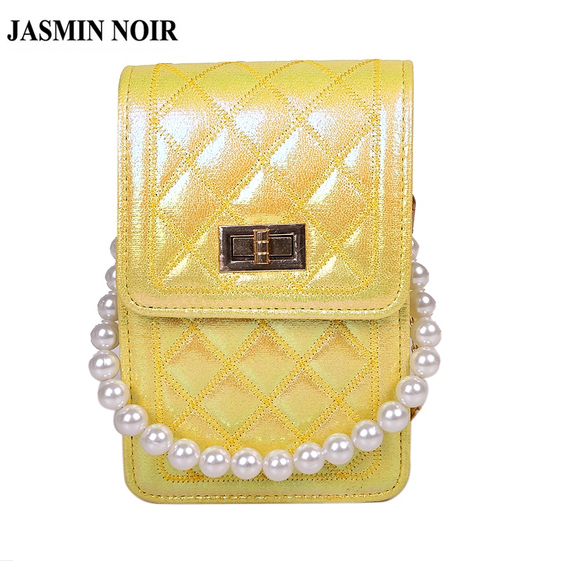 Túi đeo chéo JASMIN NOIR da PU hình vuông nhỏ kẻ sọc chần bông dây đeo ngọc trai thời trang cho nữ