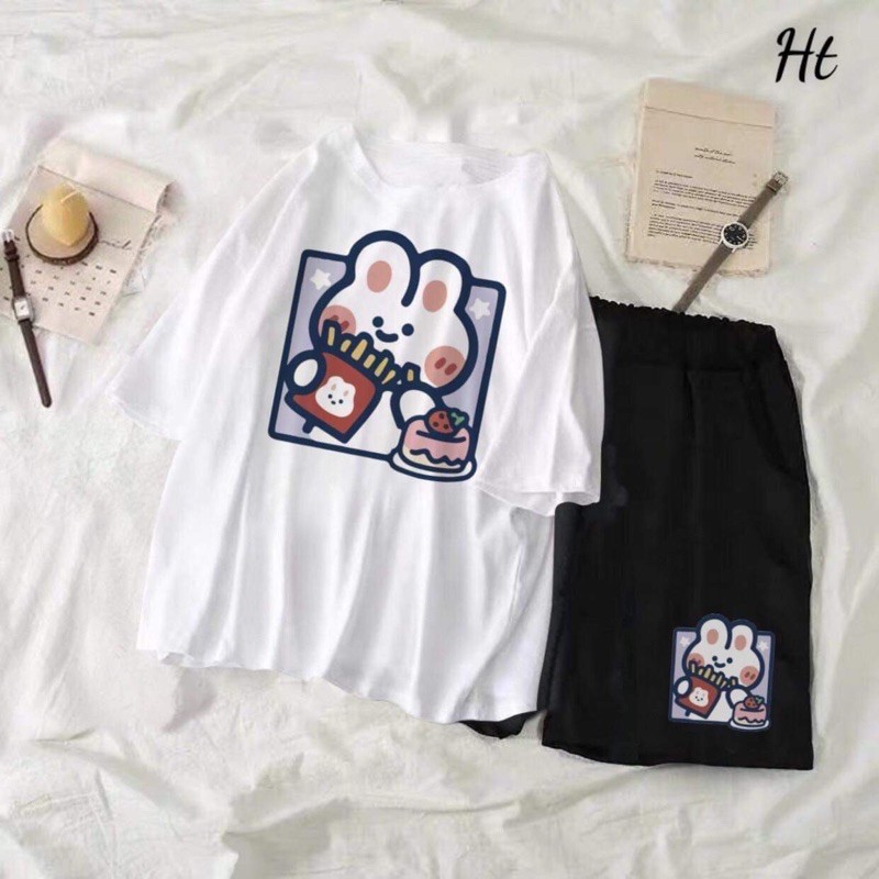 Sét Bộ Đồ Hoạt Hình Cartoon Unisex Mặc Ở Nhà Siêu Xinh Cute - Áo Cotton Organic In 3D Thỏ Vác Cà Rốt Mix Quần Đùi