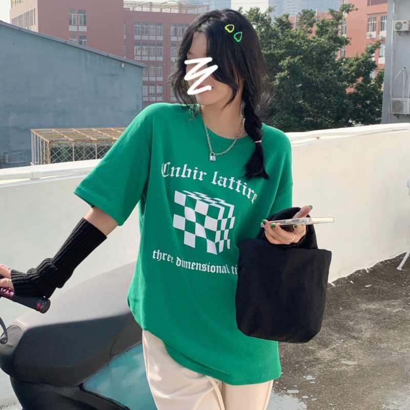 Áo Thun Tay Ngắn Cổ Tròn Dáng Rộng In Họa Tiết Caro Phong Cách Hàn Quốc Thời Trang