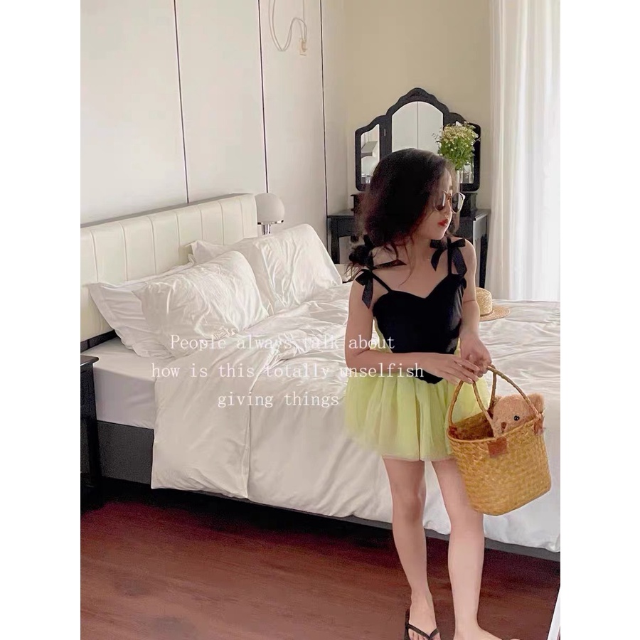 Bộ Đồ Bơi Hai Dây Phối Lưới Đính Nơ Dễ Thương Phong Cách Hàn Quốc Thời Trang Mùa Hè Dành Cho Bé Gái