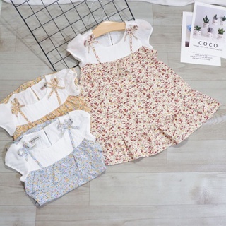 Váy/đầm bé gái lụa hoa tay phồng phối đô cao cấp cho bé từ 8-20kg