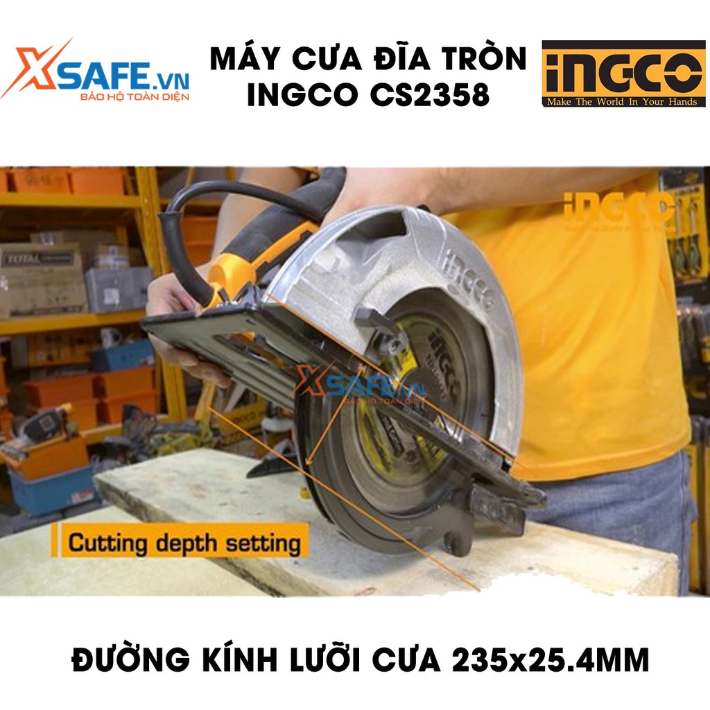 Máy cưa đĩa tròn INGCO CS2358 công suất 2200W, điện thế 220V, lưỡi cưa 235x25.4mm, tốc độ 3800rpm, cưa góc  45-90 độ
