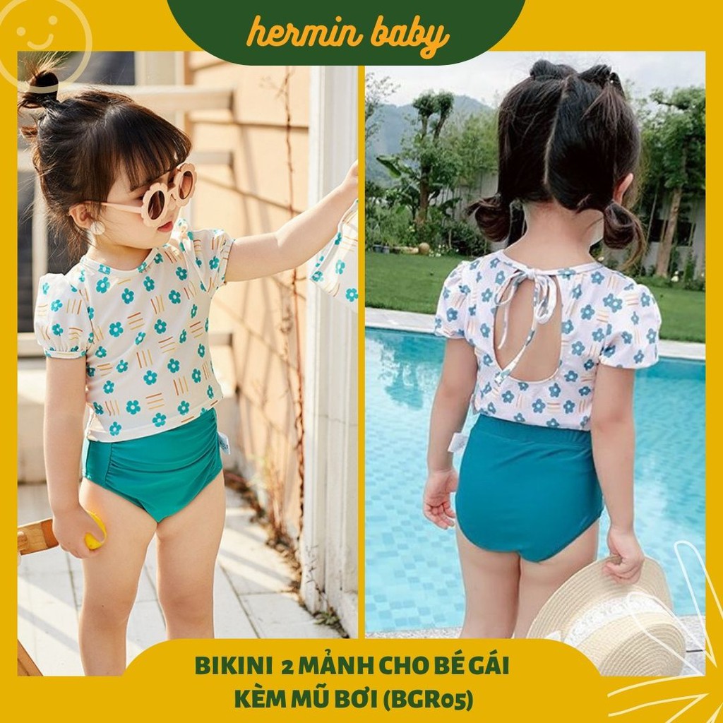 Đồ bơi bé gái - bikini bé gái 1 mảnh họa tiết hoa vintage kèm mũ bơi dễ thương-Mã BGLT07