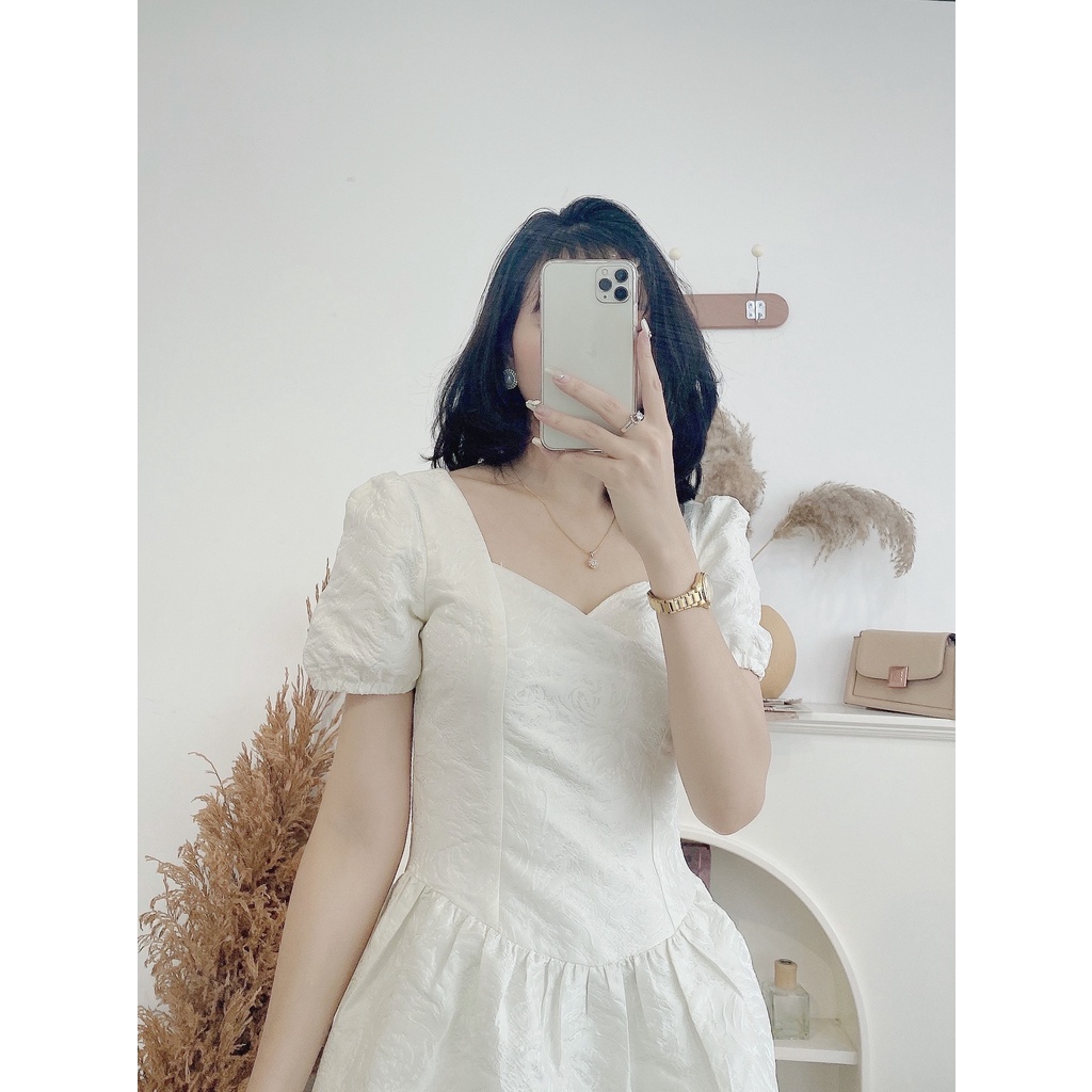 Váy chữ A trắng vải gấm tiểu thư sang chảnh YAME