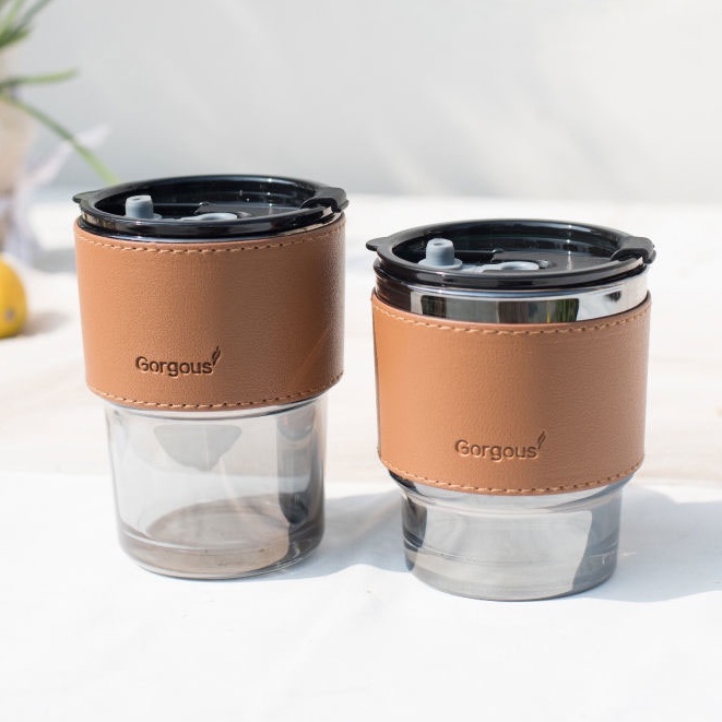 Ly, cốc thủy tinh đựng nước có ống hút và bao da chịu nhiệt 450ml sang trọng