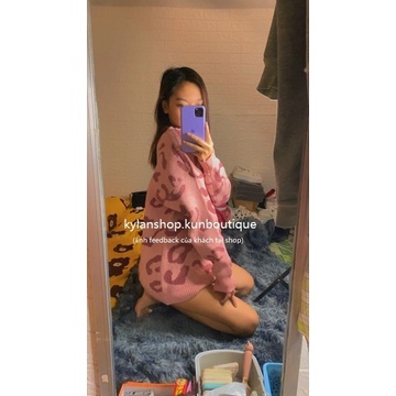 Áo khoác cardigan len họa tiết da báo dáng dài