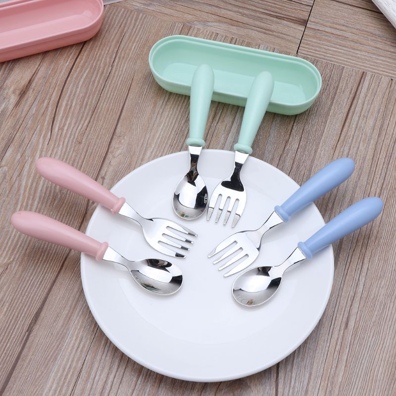 Bộ 2 Muỗng Nĩa Ăn Bằng Thép Không Gỉ Kèm Hộp Đựng Dành Cho Trẻ Em