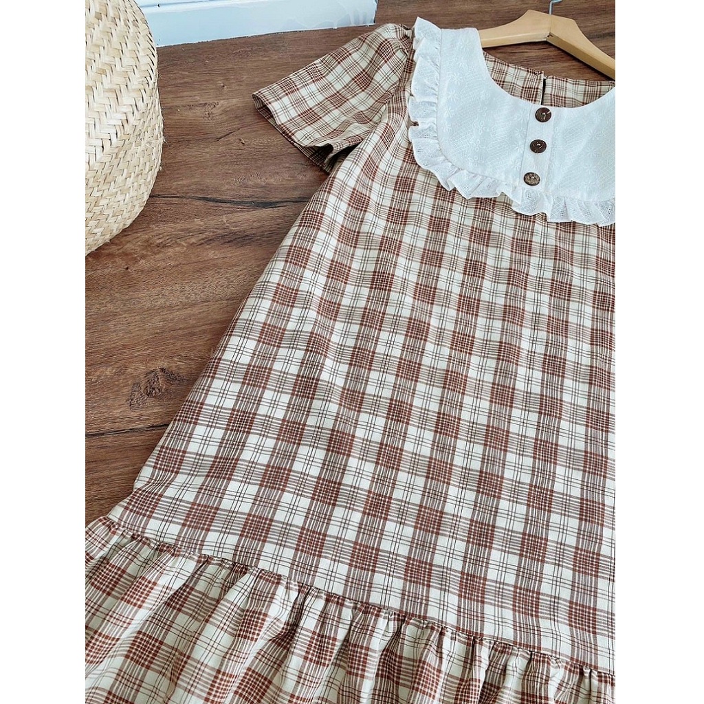 Váy bầu, đầm bầu thiết kế công sở, kẻ caro cực xinh, tông màu nâu pastel dịu mát - sang chảnh. Freesize dưới 70kg