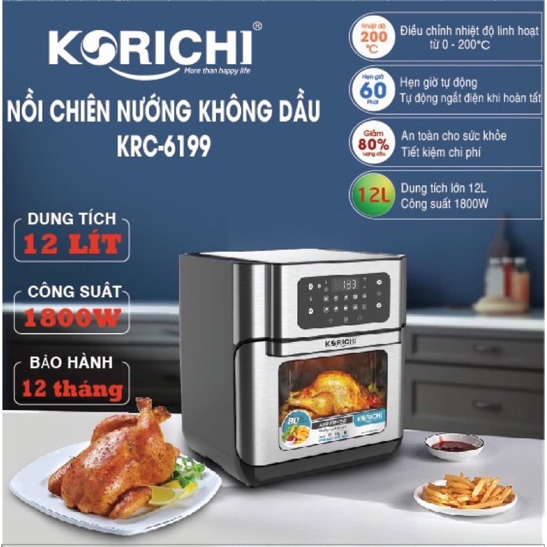 [Mã ELHADEV giảm 4% đơn 300K] Nồi Chiên Không Dầu Điện Tử 12 lít KORICHI KRC-6199_Hàng chí hãng