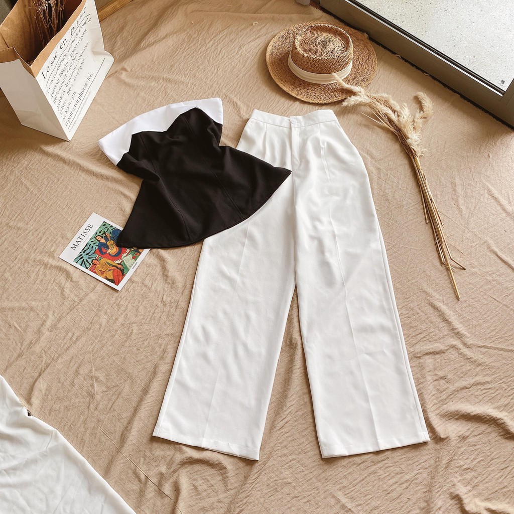 SET ÁO CÚP NGỰC ĐEN VIỀN TRẮNG XẺ TÀ + QUẦN SUÔNG | BigBuy360 - bigbuy360.vn