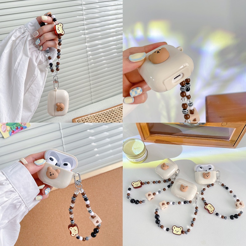 Vỏ Bảo Vệ Hộp Sạc Tai Nghe AirPods Pro 1 2 3rd Generation Hình Gấu Dễ Thương Kèm Dây Đeo Kiểu Retro
