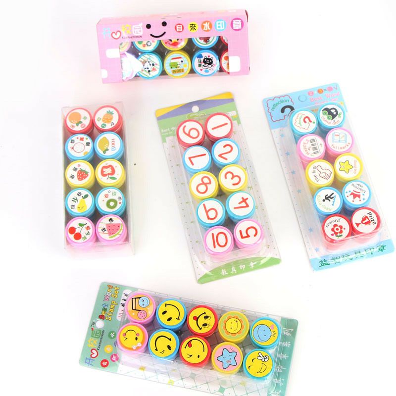Combo 10 con dấu khắc khen thưởng độc đáo - Con dấu mực nhiều màu dễ thương cho học sinh