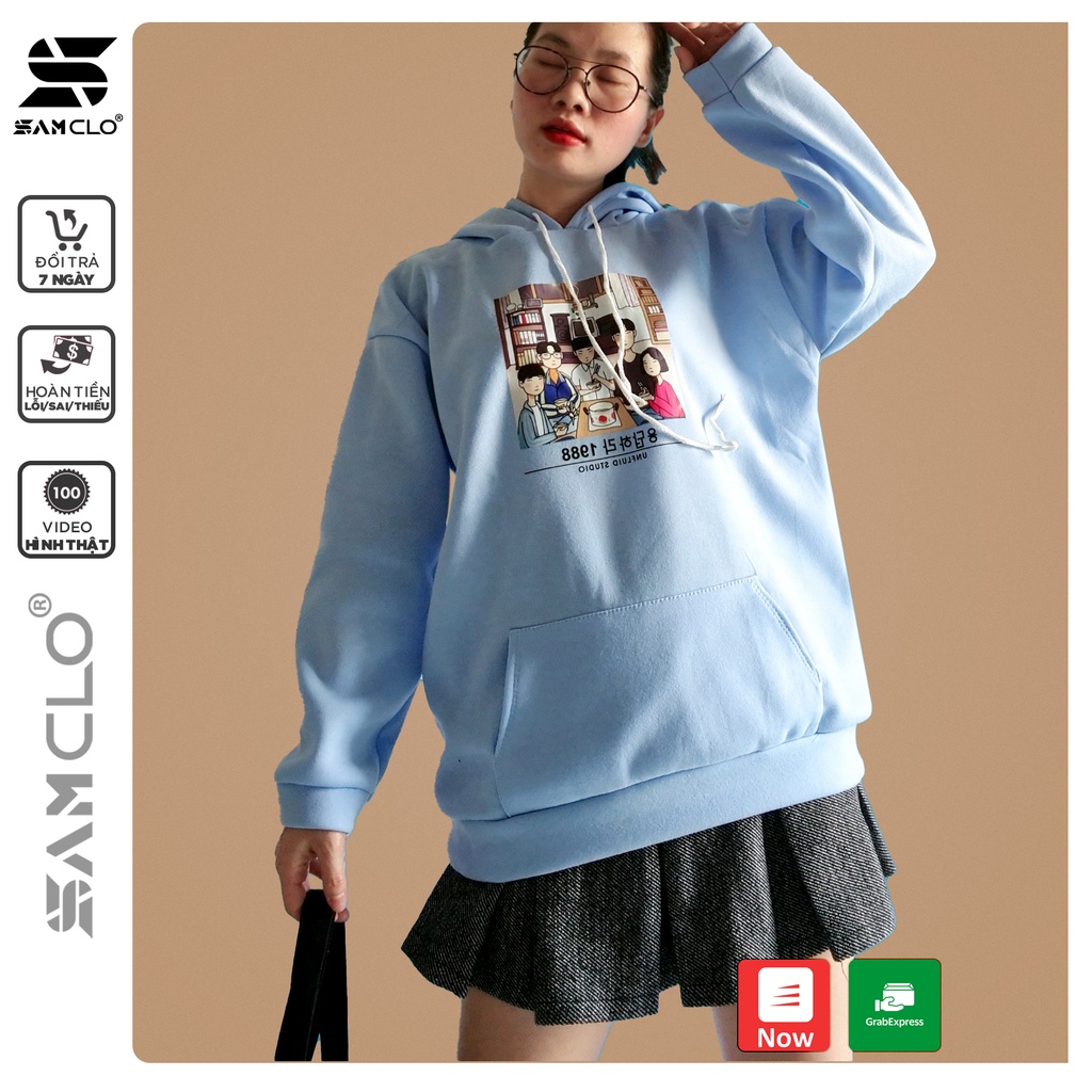 Áo khoác nỉ nữ SAM CLO hoodie chui có mũ NỈ 1 LỚP tay dài thu đông freesize dáng unisex in hình BỮA CƠM GIA ĐÌNH