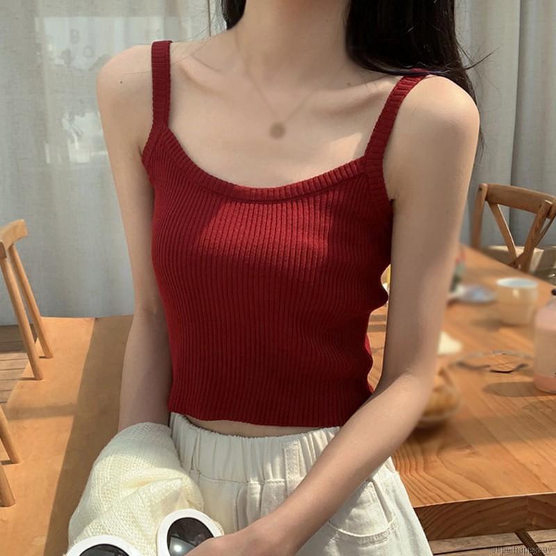 Áo hai dây dệt kim cổ vuông màu trơn kiểu dáng thời trang cho nữ