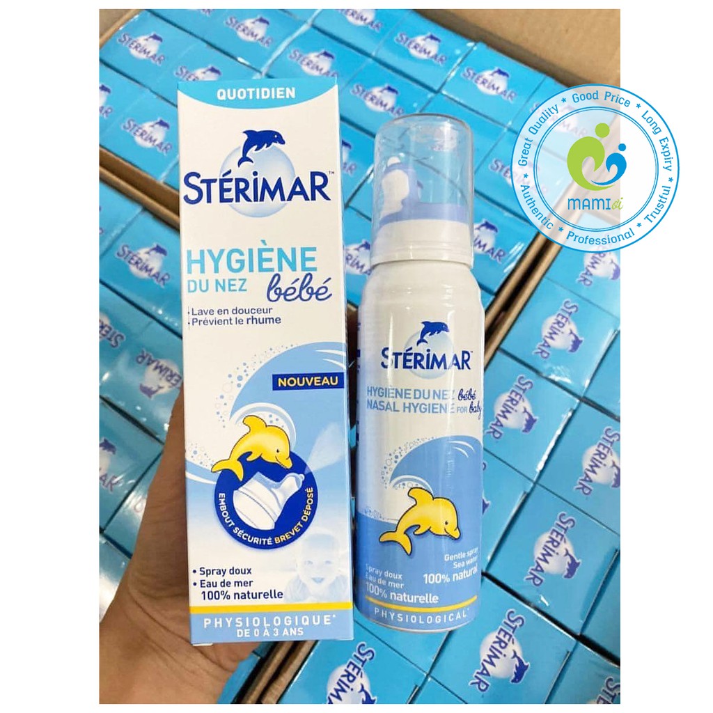 Xịt muối biển cá heo vàng xanh và cá heo cam  vệ sinh, hỗ trợ sổ mũi, nghẹt mũi cho bé 0-3 tuổi Sterimar, Pháp