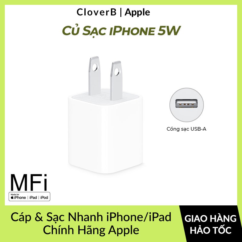 Củ Sạc iPhone XsMAX Chính Hãng Apple 5W/1A Chân dẹp chuẩn mỹ LL/A Dùng Cho iPod, iPad Mini, iPhone 6,7,X,XS,XSMax,11