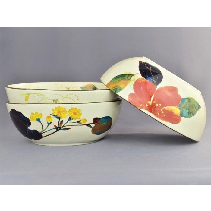 Bộ 3 bát tô sứ họa tiết hoa Nhật Bản, đường kính 16cm | Sa Maison x Kiyohara