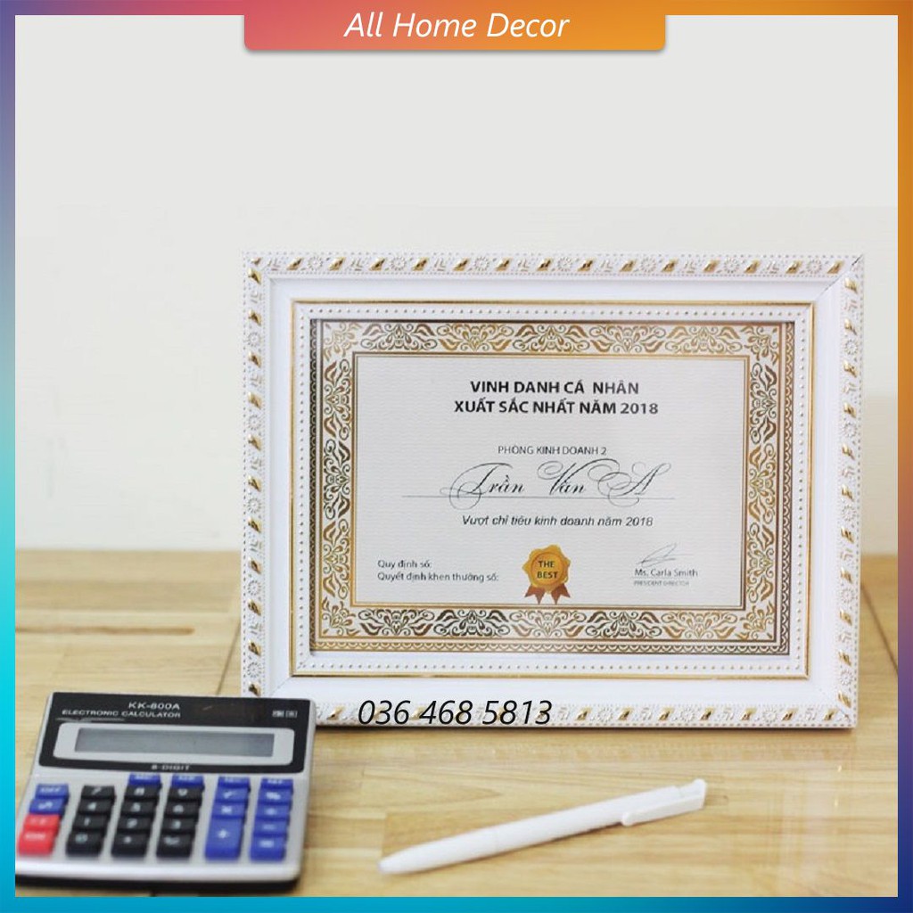 Khung ảnh A5 Alpha trắng sao, khung bằng khen treo tường 15x21