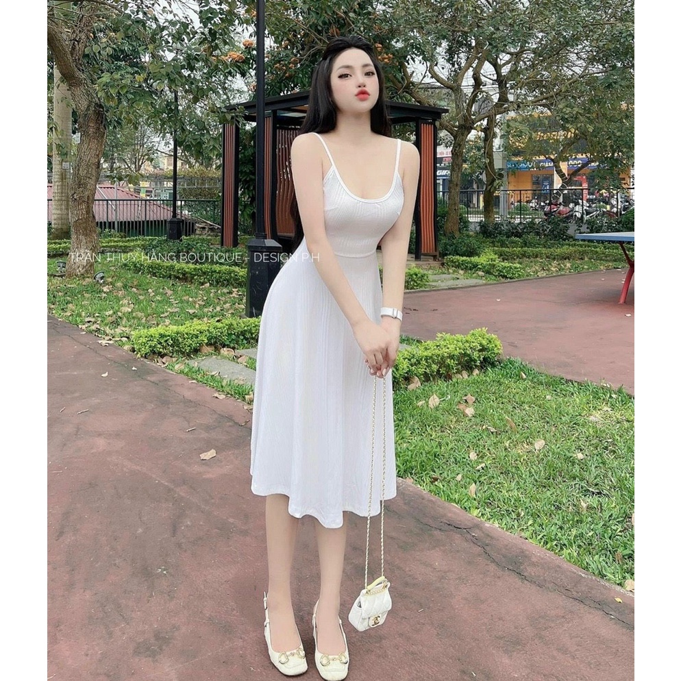Đầm 2 dây dáng dài xòe xinh chất thun gân hot hit MK58
