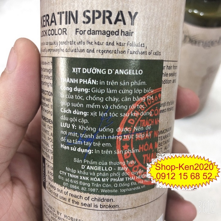 Xịt dưỡng phục hồi tóc Dangello Keratin Spray 250ml chống cháy tóc, khóa màu, siêu mượt