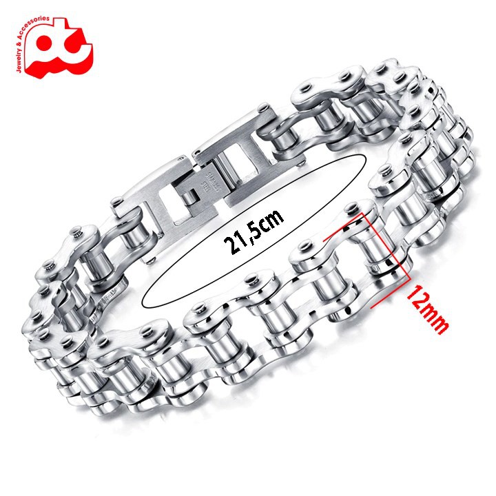 Lắc tay nam inox dây xích xe  kiểu dây sên xe độc đáo cá tính kích cỡ 12mm màu trắng thép không gỉ HSLTNA01