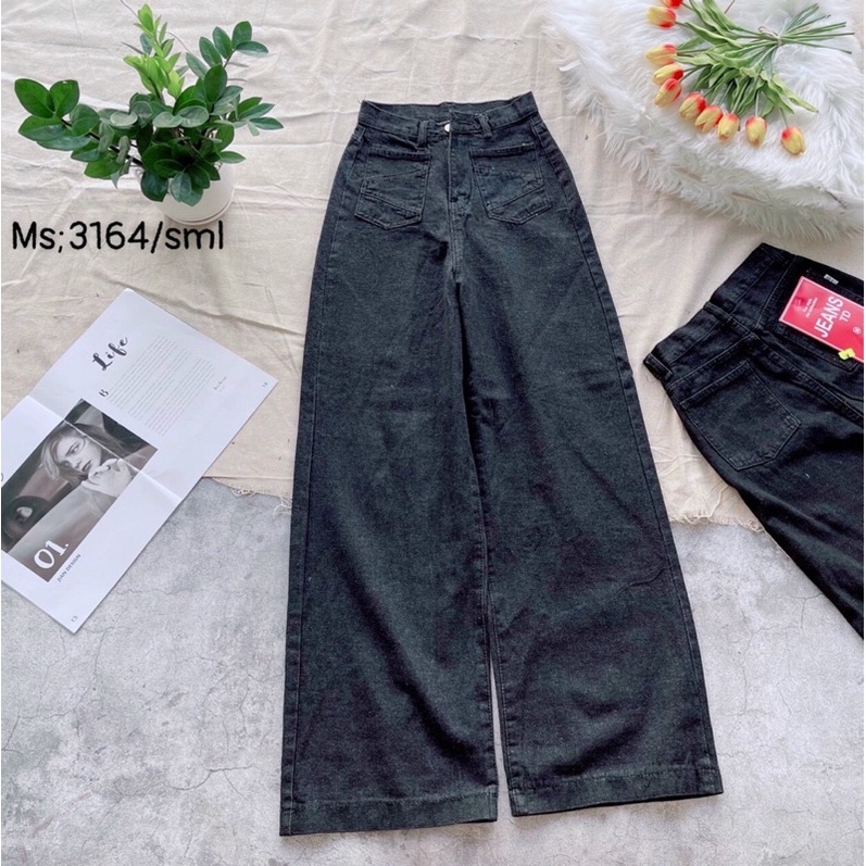 Quần Jeans Dài  Ống Rộng Đen Lưng Cao Phối 2 Túi Q054