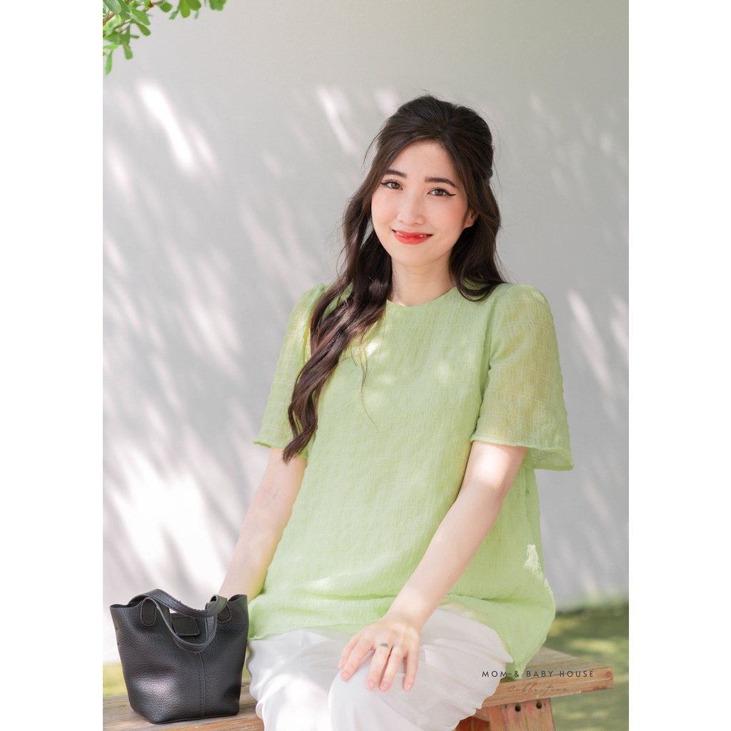 EVERMOM | Áo bầu tay phồng xanh cốm trẻ trung