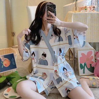 SẴN HOẠT HÌNH XXL Bộ đồ ngủ mặc nhà pijama kimono nhật bản áo cổ V tay ngắn+quần short ngắn dễ thương ulzzang ( 2 màu )