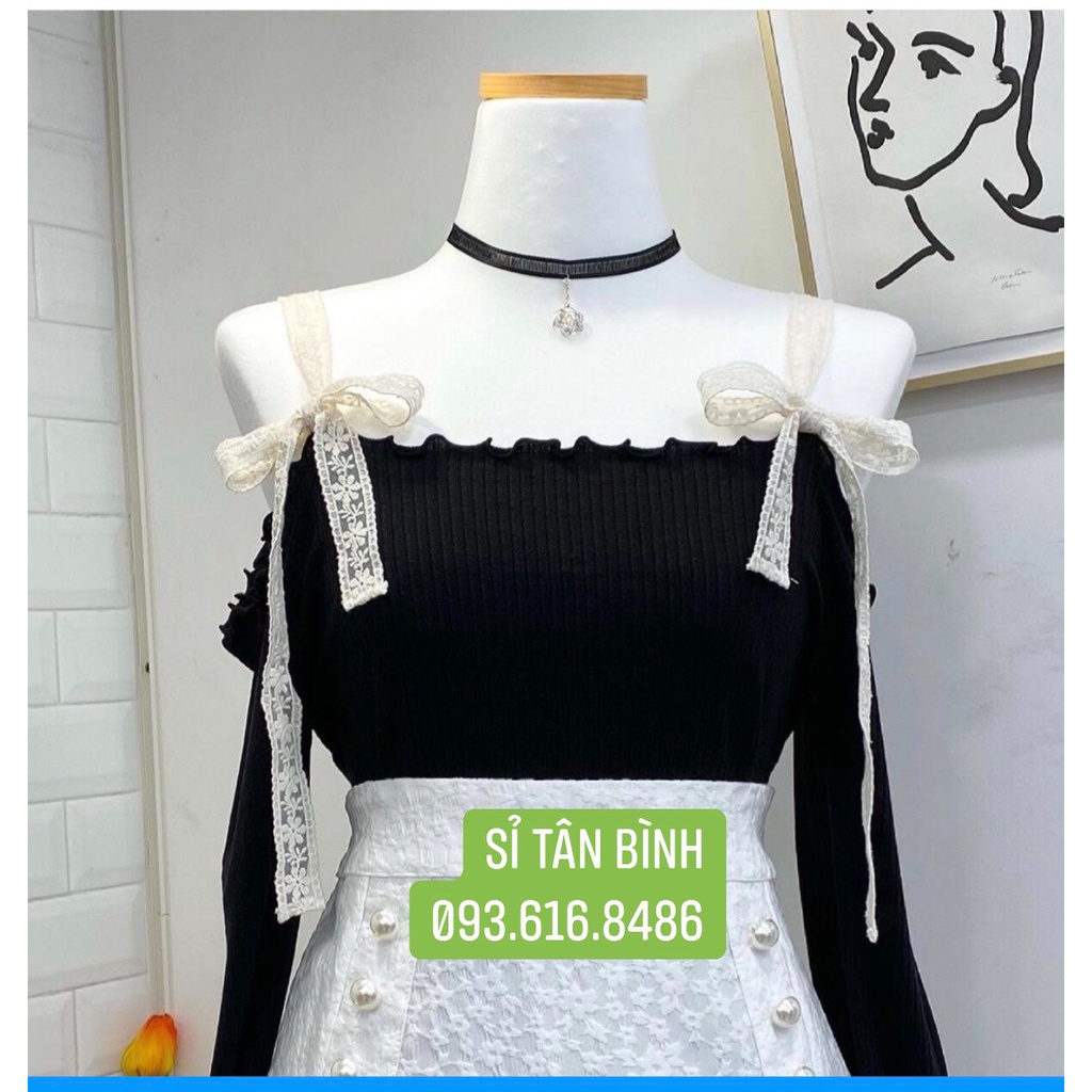 Áo thun nữ trễ vai tay dài bánh bèo tiểu thư, áo cột nơ vai tay dài phối ren A224