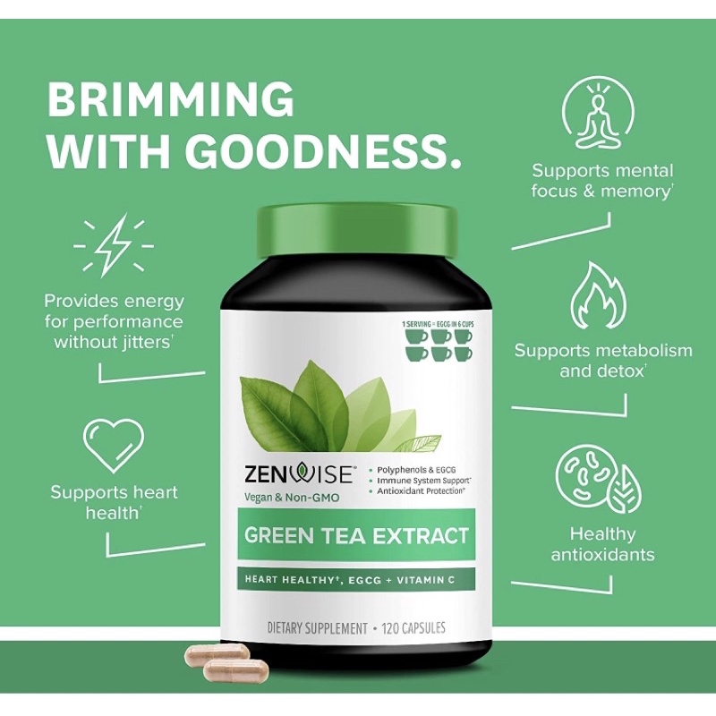 Viên trà xanh liều cao Non GMO Green Tea Extract EGCG Zenwise 120 viên USA
