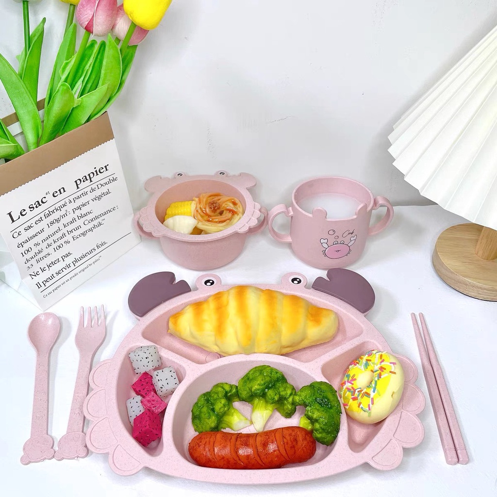 Set Khay Ăn Dặm Lúa Mạch Hình Cua 6 Món Kèm Cốc Bát Thìa Nĩa Đũa Siêu Đáng Yêu Cho Bé