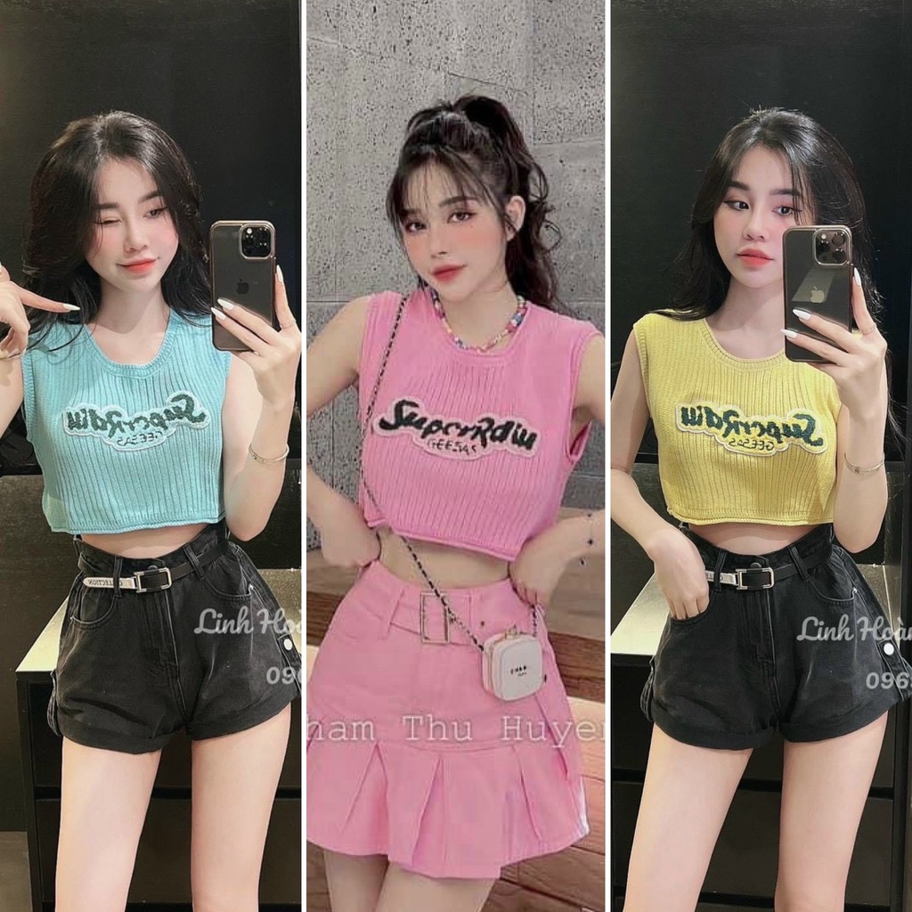 Áo len croptop sát nách chữ nổi nhiều màu tươi sáng