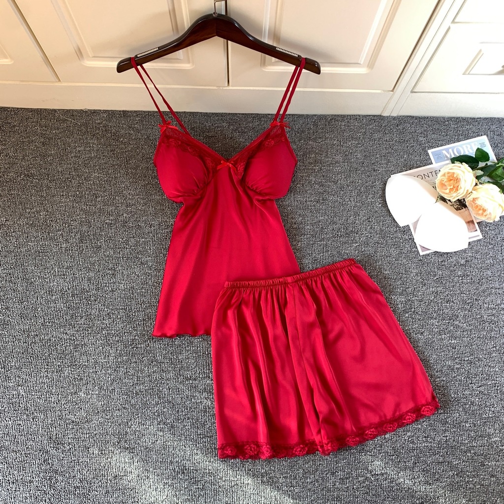 Bộ Đồ Ngủ Áo Hai Dây + Quần Short Chất Lụa Thời Trang Mùa Hè Quyến Rũ Cho Nữ