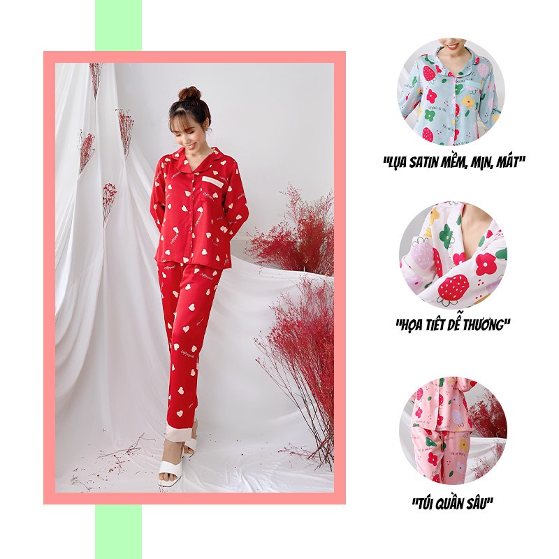 Bộ thu đông nữ SBORG lụa satin mềm mịn họa tiết cute pijama tay dài đồ bộ nữ có túi bigsize fly-sun quà tặng vợ