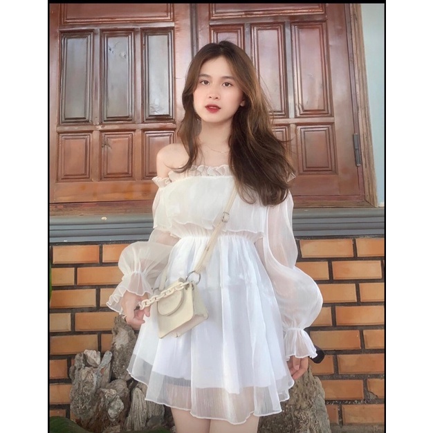 Đầm tơ bẹt vai tơ nhũ tay phồng về 2 màu xinh UK